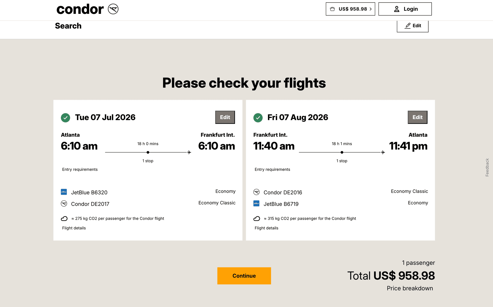 Pre-filled airline booking page